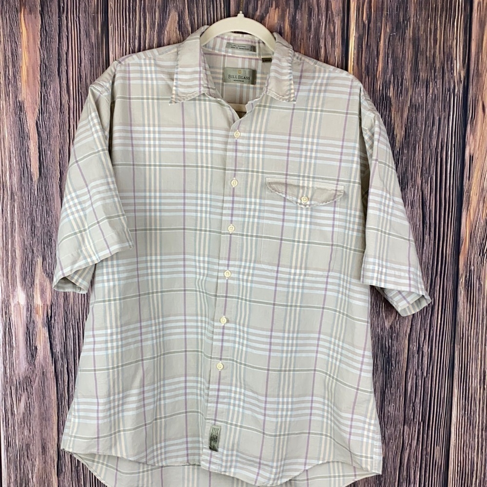 Bill Blass Light Green & Plaid Shortsleeved Button Down Cotton Shirt - Size Lg